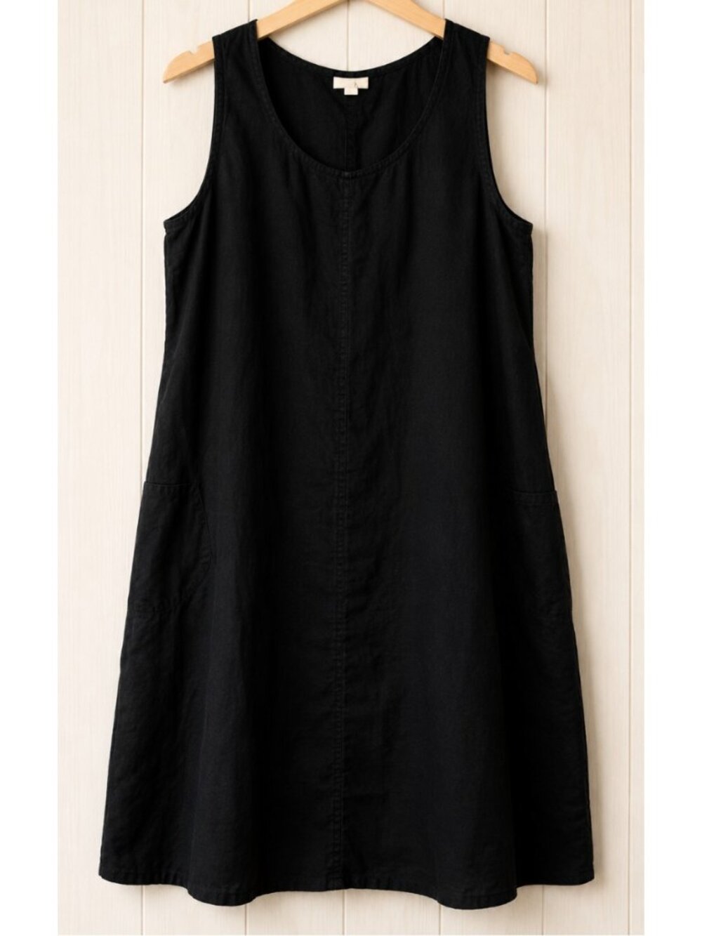 J. Jill Size L 100% Linen Dress Sleeveless Flared Pockets Black Popover Midi